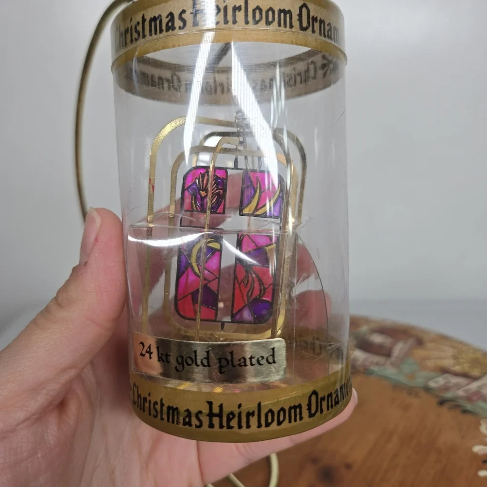 VTG Christmas Heirloom Ornament 24kt Gold Plated Cross Pink Purple Stained Glass